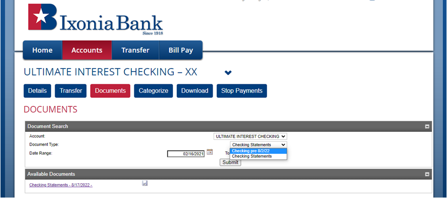 Screenshot of Document Tab in Online Banking